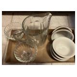 Glass pitcher, goblets and Hall bowls