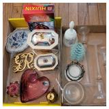 Bell(?Fenton), candle holders, Lenox boxes, more