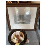 (2) Plates, picture, bird figurines