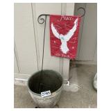 Garden flag display, large planter as is