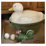 Duck casserole dish, rooster and eggs S&P shakers