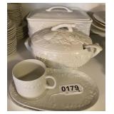 Bread box, soup tureen, snack plates, cup