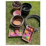 Plastic planters, patio lights