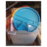 Tote of plastic & Styrofoam plates and more