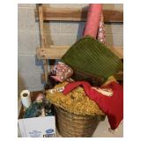 Basket, rugs, pillows, and party supplies