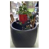 Large basket, wind chimes, plant stand