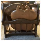 Wooden platters and magazine rack