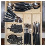 Small cast iron trivet, flatware, organizer