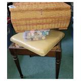Sewing basket, containers and bench with contents