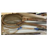 Vintage badminton & Tennis rackets, poles