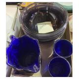 (4) Pyrex bowls, blue glass pitcher and glasses