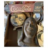 Coca-cola sign, wooden figure head, plate, more
