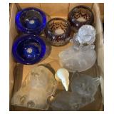 Glass dog and cat, owl, and glass bowls