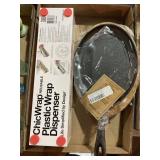 Plastic wrap dispenser, cast iron fajita plate