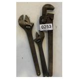 Pipe wrench & (2) adjustable wrenches