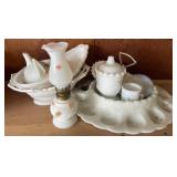 (10) milk glass lamp, nesting hen & dishes
