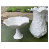 (2) Milk glass compote & vase