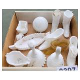 Milk glass and Fenton shoes, bells & more