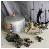 Cake safe, cast iron items, metal ship, more
