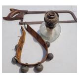 Sleigh bells, oil lamp base & hack saw