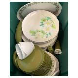 Melmac plates, salt and pepper shakers and tote
