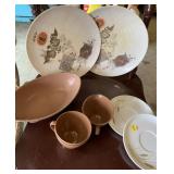 Melmac plates, cups, bowls and tote