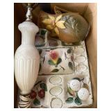 Roseville vase (chipped), platter, lamp
