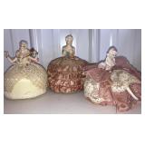 (3) cloth & ceramic lady decor pieces/pin cushion