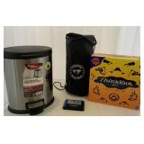 Thinkblot game, trash can and leg roller