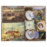 Misc dishes, tobacco tin, paintings on panel