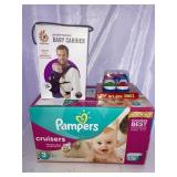 Pampers diapers (Sz 3), Ergobaby carrier, more