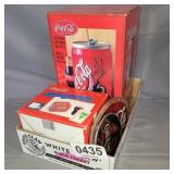 Coca-Cola cookie jar, mini radio and sun catchers