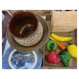 Plates, glass fruit, recipe box