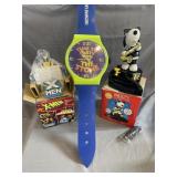 X men, snoopy figurines and keystone light clock