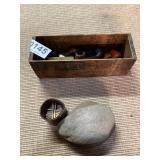 Vintage Pipes, wooden Kraft cheese box, rock
