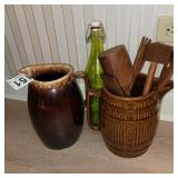 Pitchers, bottle and wooden utensils