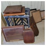 Crate with plaques and picture frames