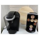 Keurig, pod holder, and swivel wooden plate