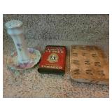 Hat pin holder,, tobacco tin & more