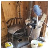 Chair, trash can (no lid), sump pump