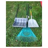 (2) plastic shovels and rake