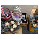 Oil lamp, baskets, floral decorations