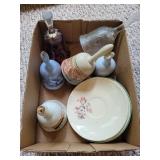 (2) glass bells, other bells, and plates