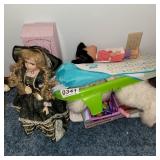 (2) Porcelain dolls, Leap Frog phonics, dolls and