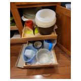 Pampered Chef stoneware pan, plastic containers