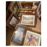 Framed pictures and shelf