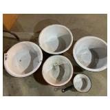Vintage white enamel ware pots and pan