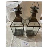 Pair brass candle lamps with etched glass panels