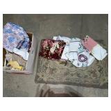 Vintage linens, hooked rug, more