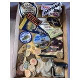 Collectors patches, wooden nickels , coins
